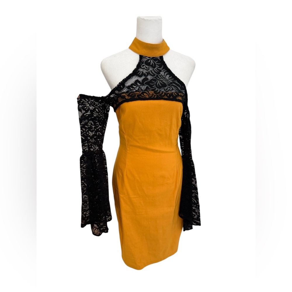 Vesper cold shoulder lace bell sleeve Bodycon Dress High Neck Cutout yellow M